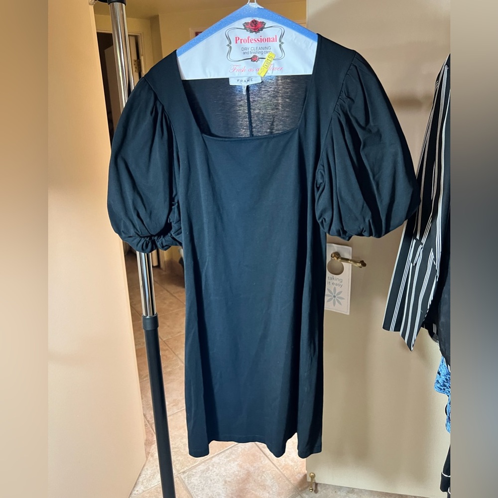 Frame Denim Black Puff-Sleeve Square Neck Dress